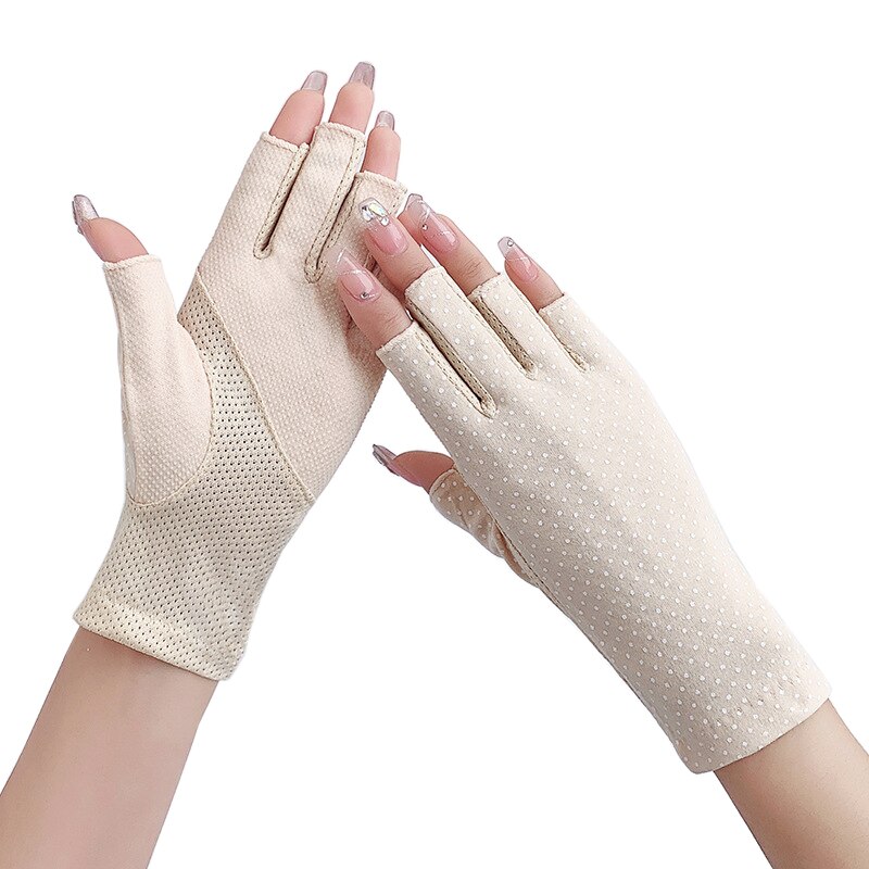Guantes finos de algodón sin dedos para mujer, antideslizantes, transpirables, protectores solares, elásticos, de medio dedo para conducir, Verano: Beige
