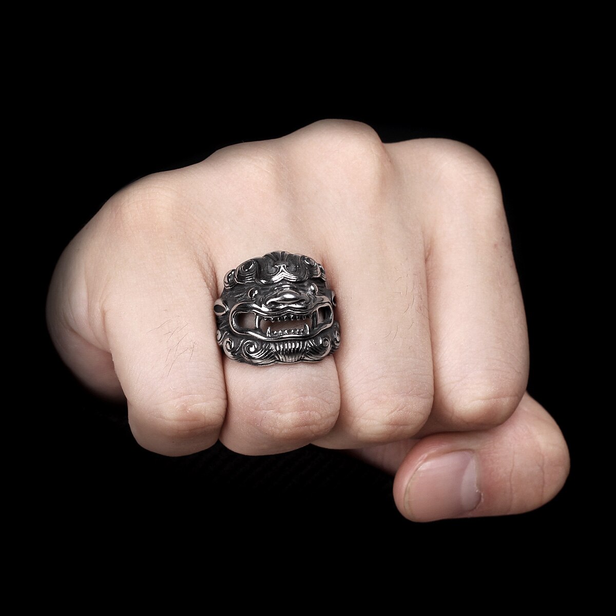 Stainless Steel Men Rings Chinese Style God Beast Kirin Amulet Punk Rock for Male Boyfriend Jewelry Creativity