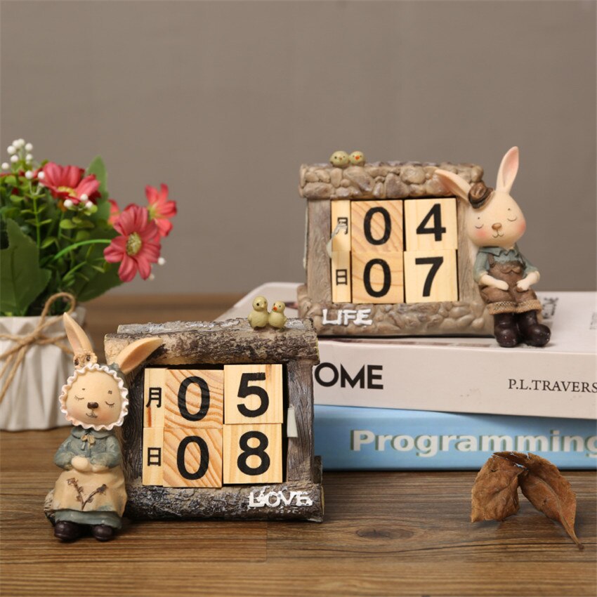1pc tegnefilm harpiks+træ miss/mr. kanin kalender bærbare bordkalendere til stue kalender håndværk dekoration