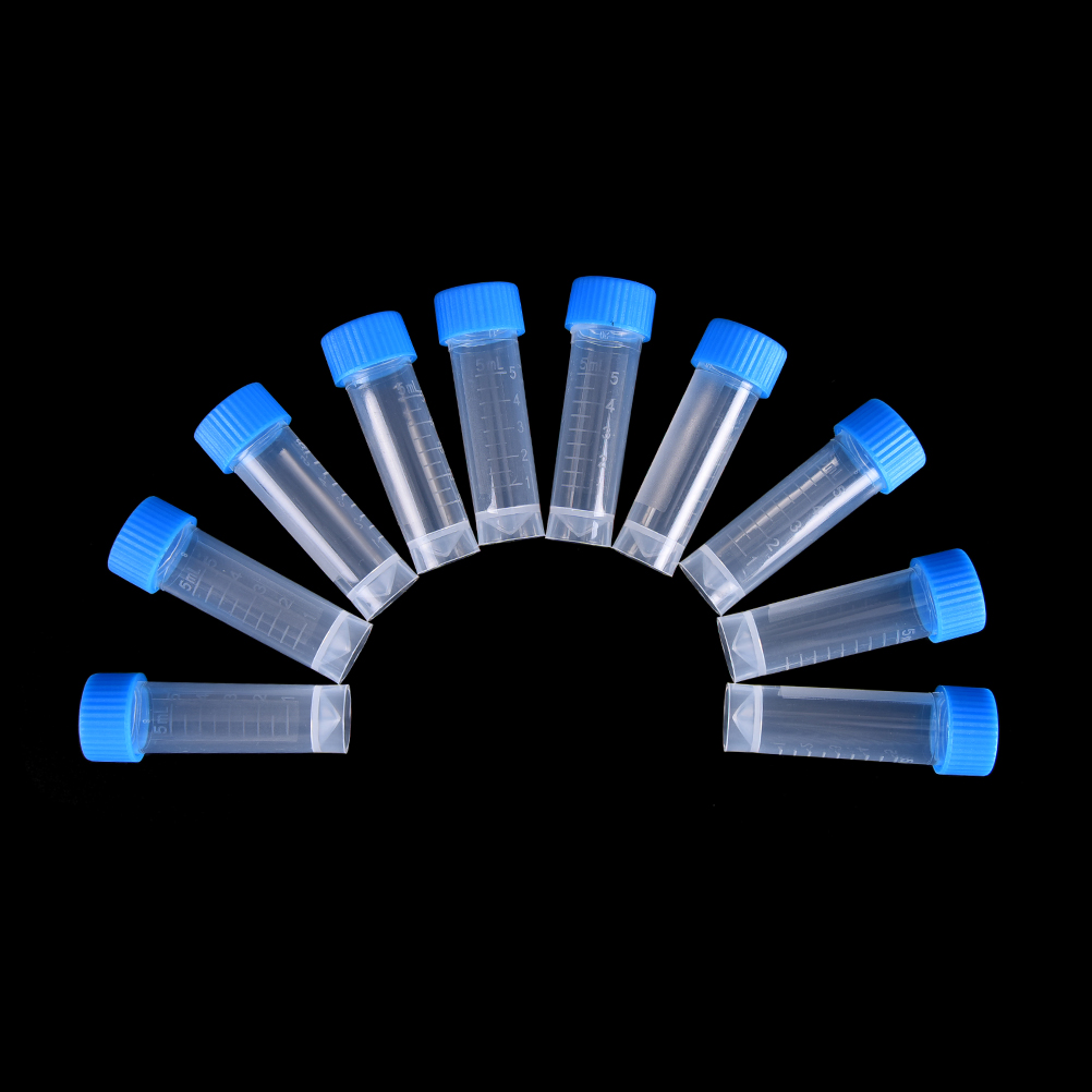 10 Uds X 5ml tubos de ensayo de plástico químicos viales tapas de cierre hermético paquete contenedor para oficina escuela química suministros