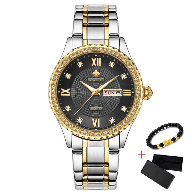 WWOOR, Reloj de pulsera de oro para Mujer, Reloj de Mujer de acero inoxidable resistente al agua, vestido informal, Reloj de cuarzo para Mujer, Reloj de Mujer: Gold Black Jianjin