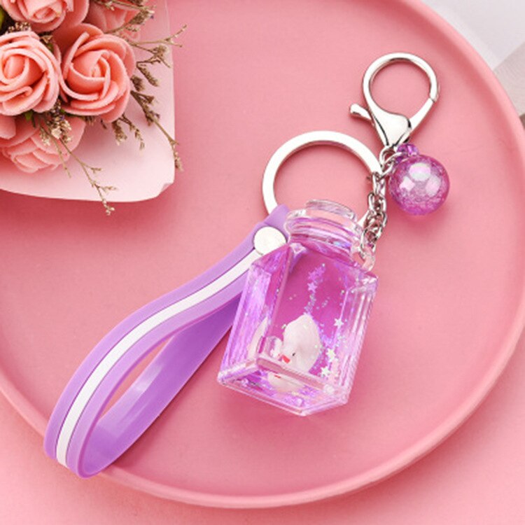 Shaking Voice Network Red Floating Square Milk Bottle Little Swan Keychain Oiling Quicksand Bag Car Pendant