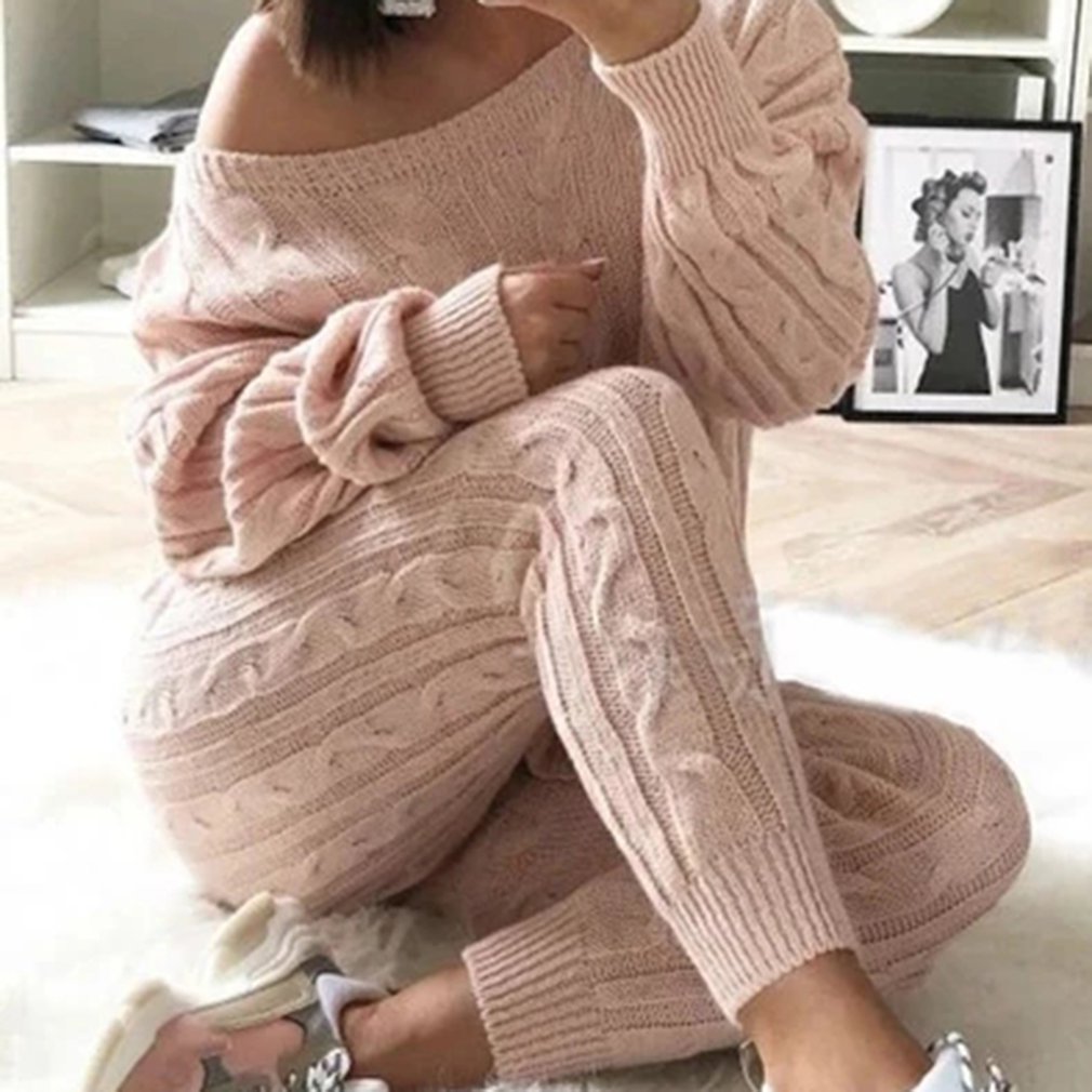 Mode Katoen Trainingspak Vrouwen 2 Delige Set Trui Top + Broek Gebreide Pak O-hals Gebreide Set Vrouwen Uitloper