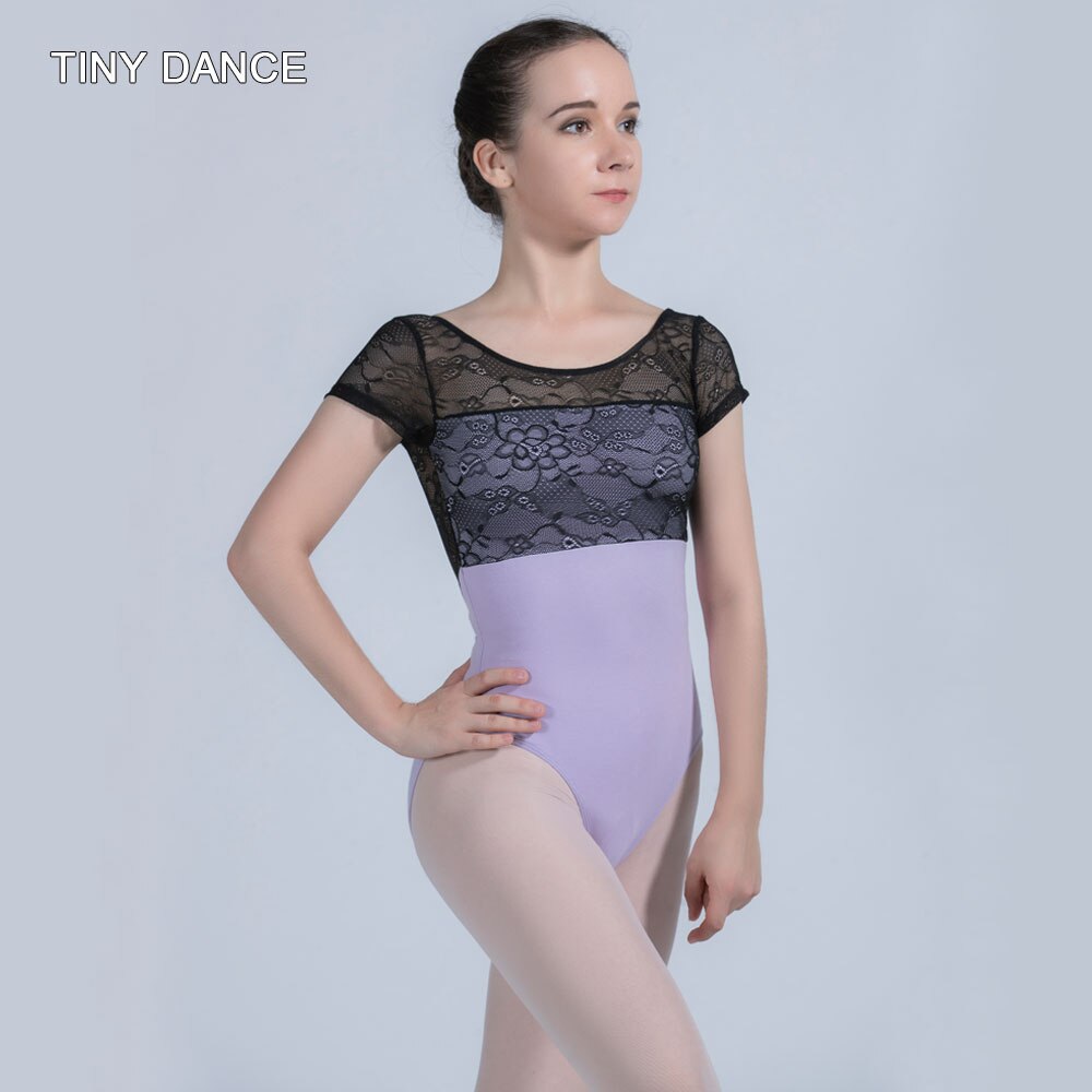 Black Lace Short Sleeve and Lilac Cotton Leotard for Adult Ballet Dance Wear Practice Leotard Size XS to XL Elastic Wear 01D0164