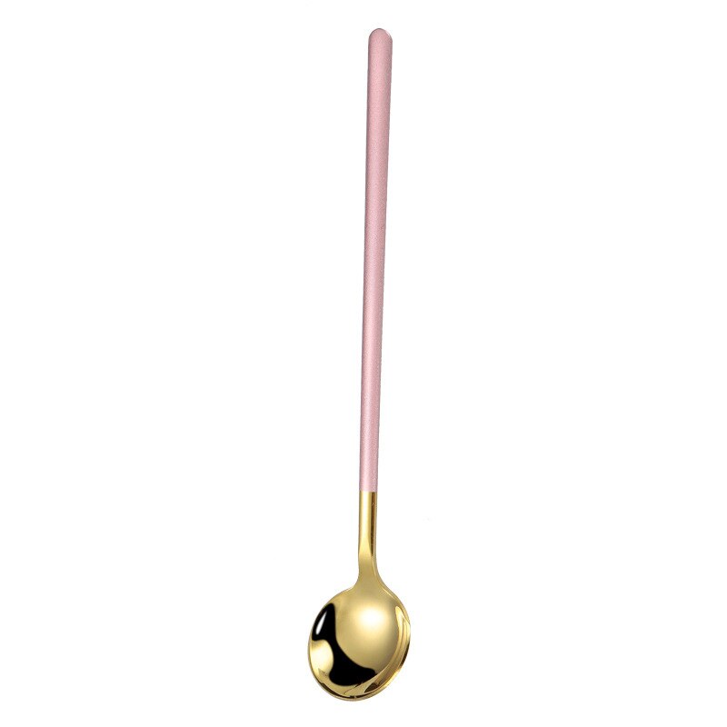 1Pc Stainless Steel Spoon Dinnerware Long Handle Spoon Tea spoon Dessert Coffee Ice Cream Spoons Kitchen Accessories Bar Tools: Pink Golden
