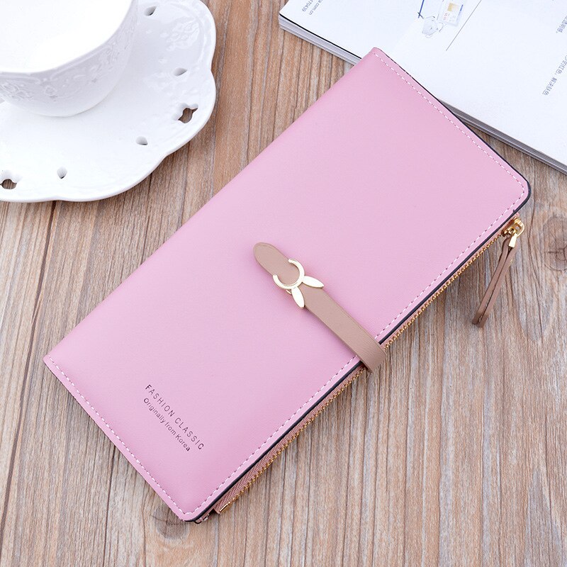 Carteira feminina com zíper, carteira longa moda estudante com suporte para cartões: pink