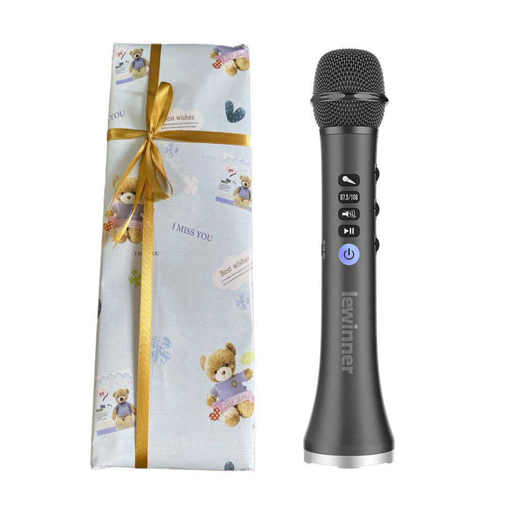 Lewinner-Micrófono de Karaoke inalámbrico L-698, Altavoz Bluetooth 2 en 1, reproductor de KTV portátil de mano para iOS/Android: Gris
