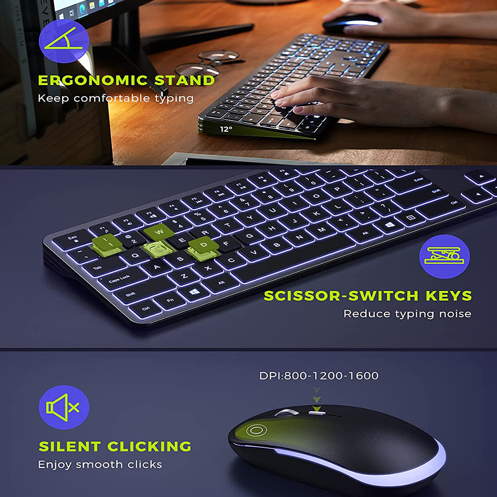 Kabellose Tastatur mit Hintergrundbeleuchtung, 2,4 G USB, leise kabellose Tastatur mit Hintergrundbeleuchtung, wiederaufladbares, schlankes Tastatur- und Mausset in voller Größe