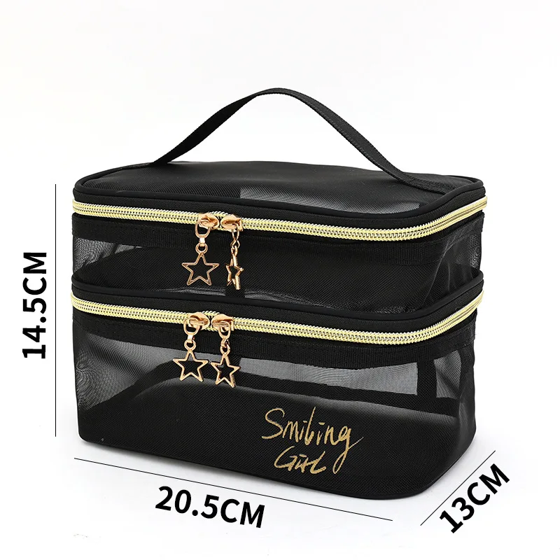 Large-Capacity Black Mesh Makeup Case Organizer Storage Pouch Casual Zipper Toiletry Wash Bags Make Up Women Travel Cosmetic Bag: Beige