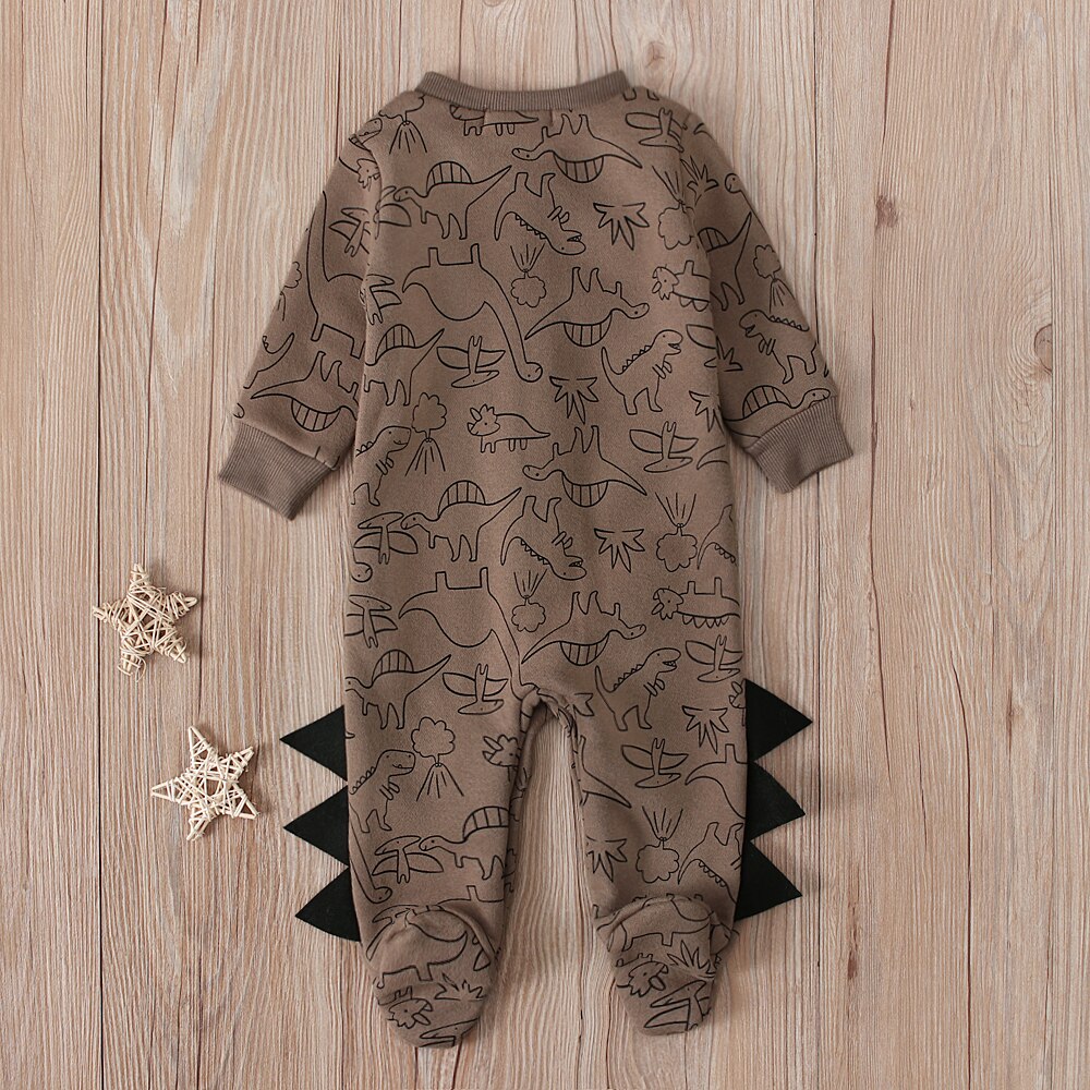 Baby Winter Betaalde Jumpsuit, Cartoon Dinosaurus Lange Mouwen Footies Footies Met Knoppen Voor Peuter Jongens, 2 Kleuren