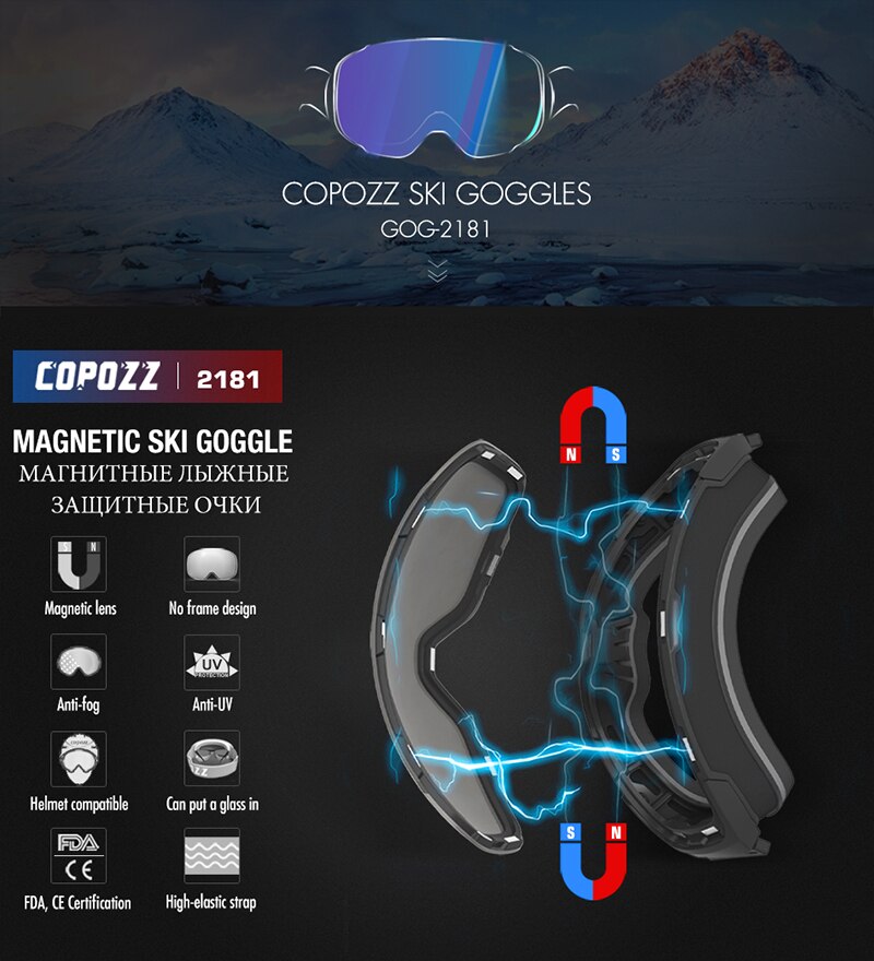 COPOZZ Magnetic Ski Goggles Men Women 100% UV400 Protection Double Anti-fog Single Double Board Ski Goggles