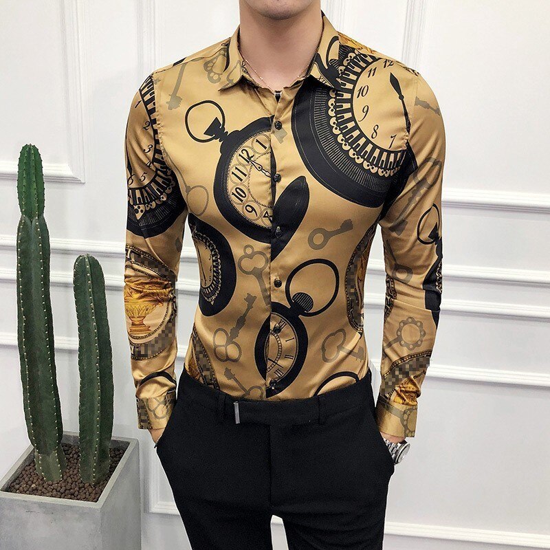Décontracté hommes à manches longues chemise en or robe coréenne Slim Fit luxe chemises de smoking boîte de nuit travail chemise sociale 6XL: Golden NZ / L 57-65KG