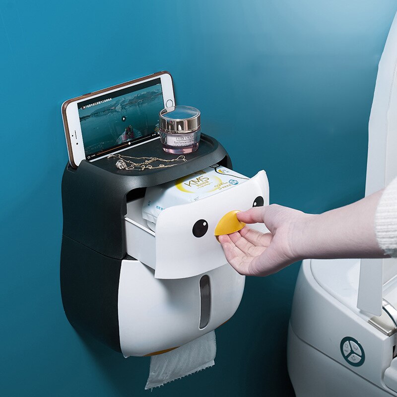 Penguin Shape Toilet Paper Holder Waterproof Wall Mounted Roll Paper Holder Plastic Punch Free Tissue Box Bathroom Accessories