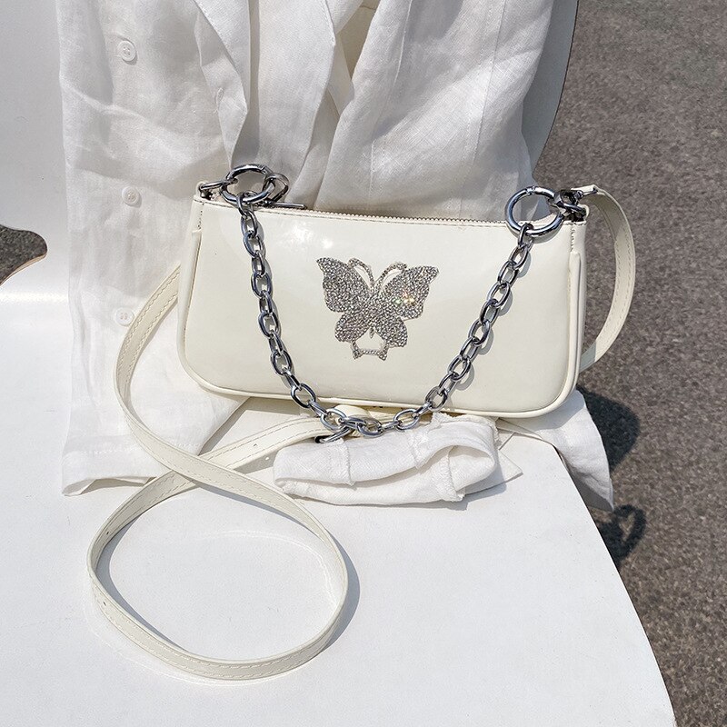 Vintage papillon perle chaîne femmes épaule bandoulière sacs diamant dames Baguette sacs à main sac d'aisselles soirée pochette sac à main