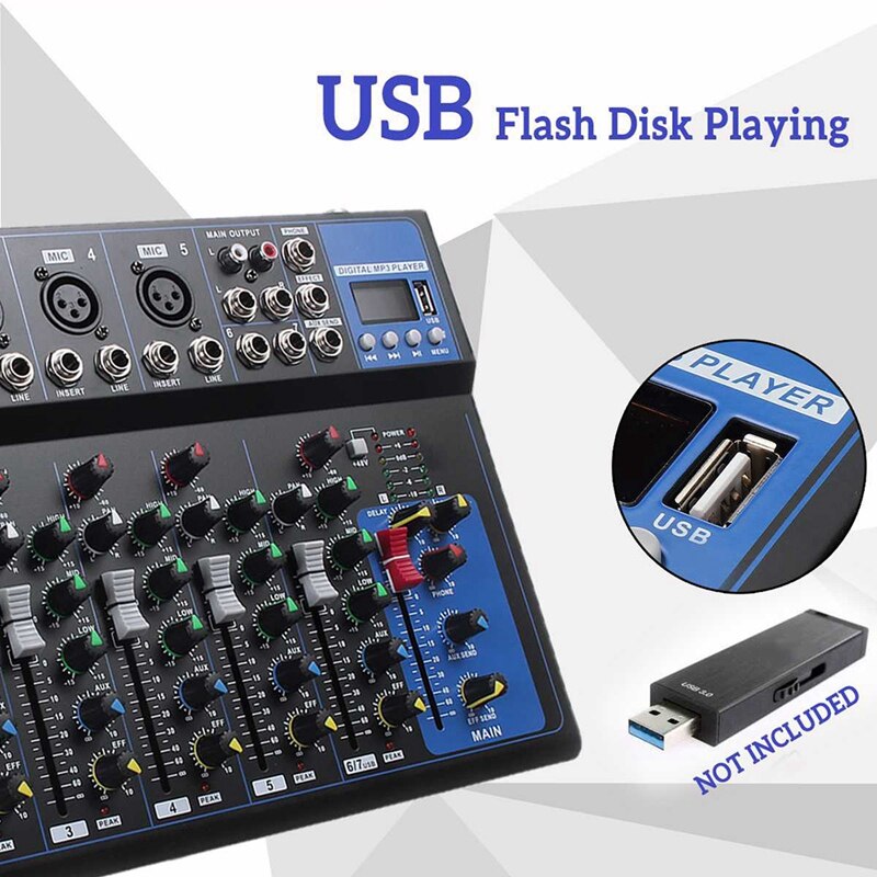 Bluetooth Portable Audio Mixer W/USB DJ Sound Mixing Console MP3 Jack 7 Channel Karaoke 48V Amplifier Karaoke(EU Plug)