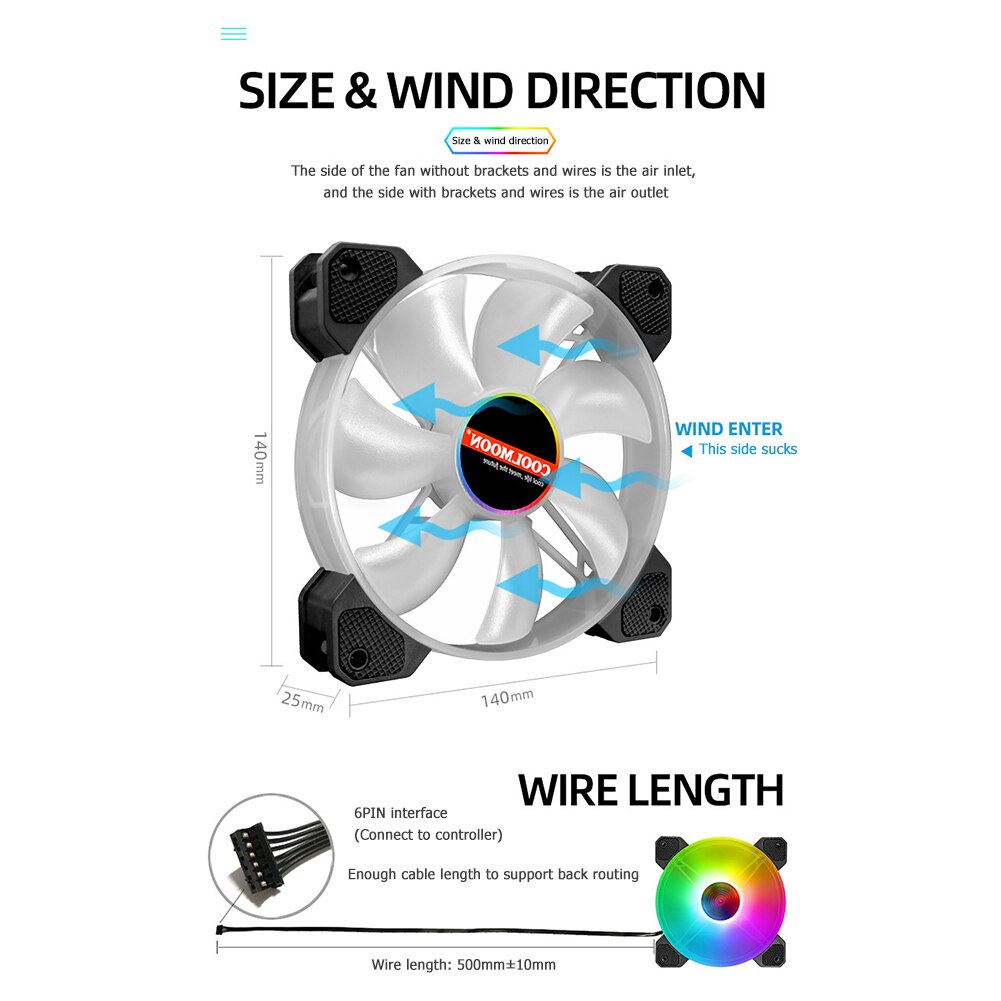 COOLMOON PC Fans Cooling Yuhuan 140mm Cooling Fan Mute RGB 6Pin Desktop Computer Cooler 1200RPM±10% Computer Components