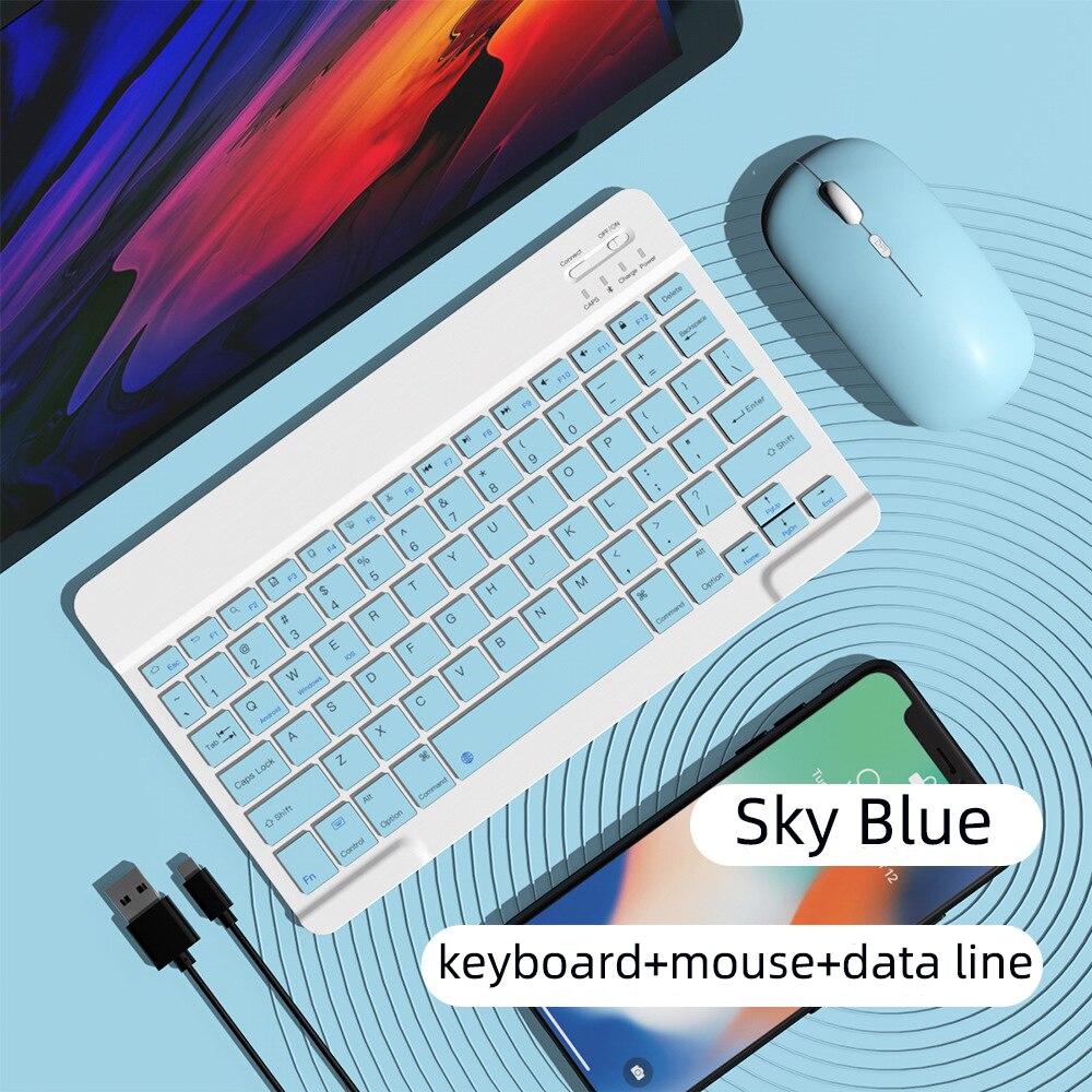 rechargeable wireless keyboard and mouse portable wireless mini bluetooth keyboard mouse set for laptop tablet notebook: Blue