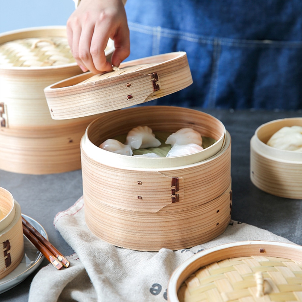 Round Bamboo Steamer For Chinese Food Xiaolongbao Jiaozi Steam Bread Safe Healthy China Style Bamboo Wooded Cooker Steamed Grid
