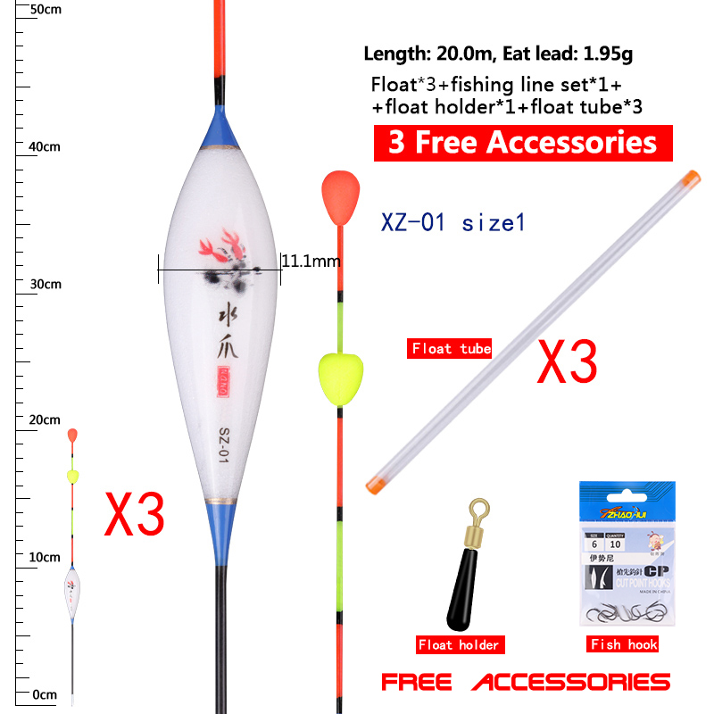 3 Stuks Drijvers Met Glijdende Kraal Staart + 3 Boei Buizen + 1 Vislijn Set + 1 Float Houder Nano Lake River Bobber Vissen Accessoires: WHITE