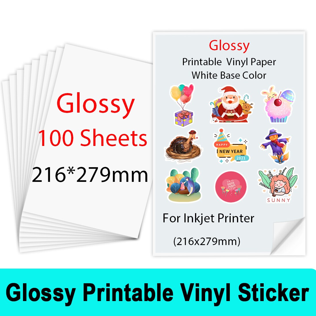 100Sheets 216*279mm Glossy Printable Vinyl Sticker Paper Self-adhesive Copy Paper for Inkjet printer DIY Crafts Waterproof Paper: 100 Sheets Glossy