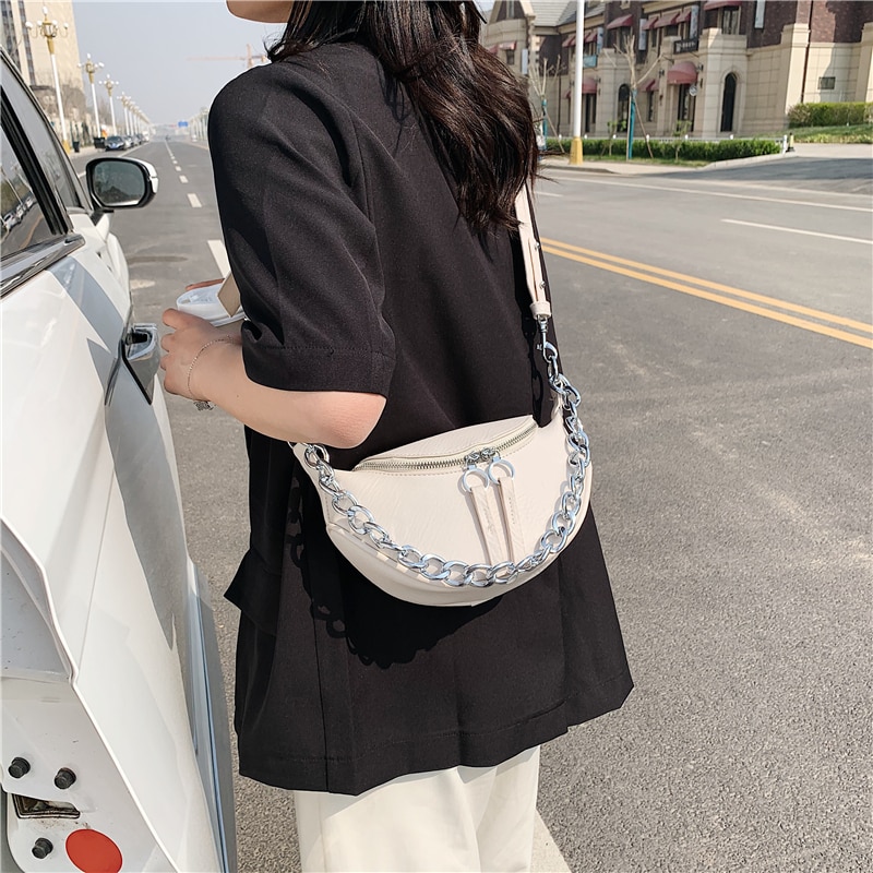 con cadena bolso cruzado de cuero PU plateado para mujer, bandolera blanca , Bolso pequeño de viaje para el pecho