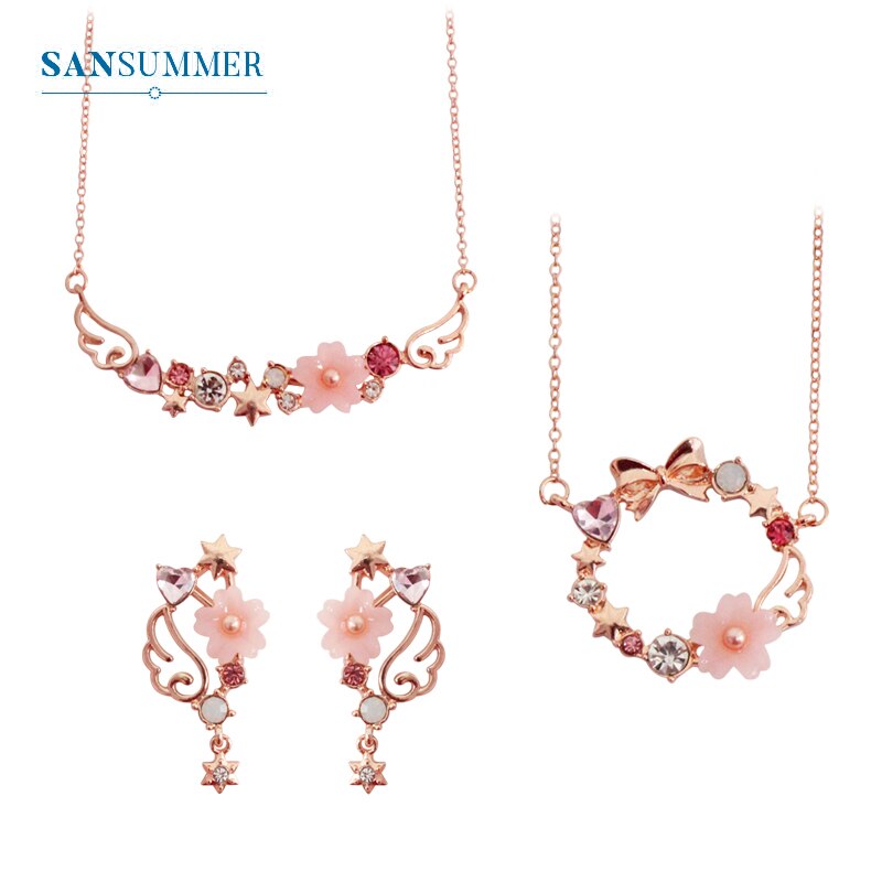 SANSUMMER Vrouwen Sieraden Sets Meisje Goud Roze Boog Sakura Earring Ketting Zoete Mooie Metalen Vrouwelijke Sieraden Sets 5709