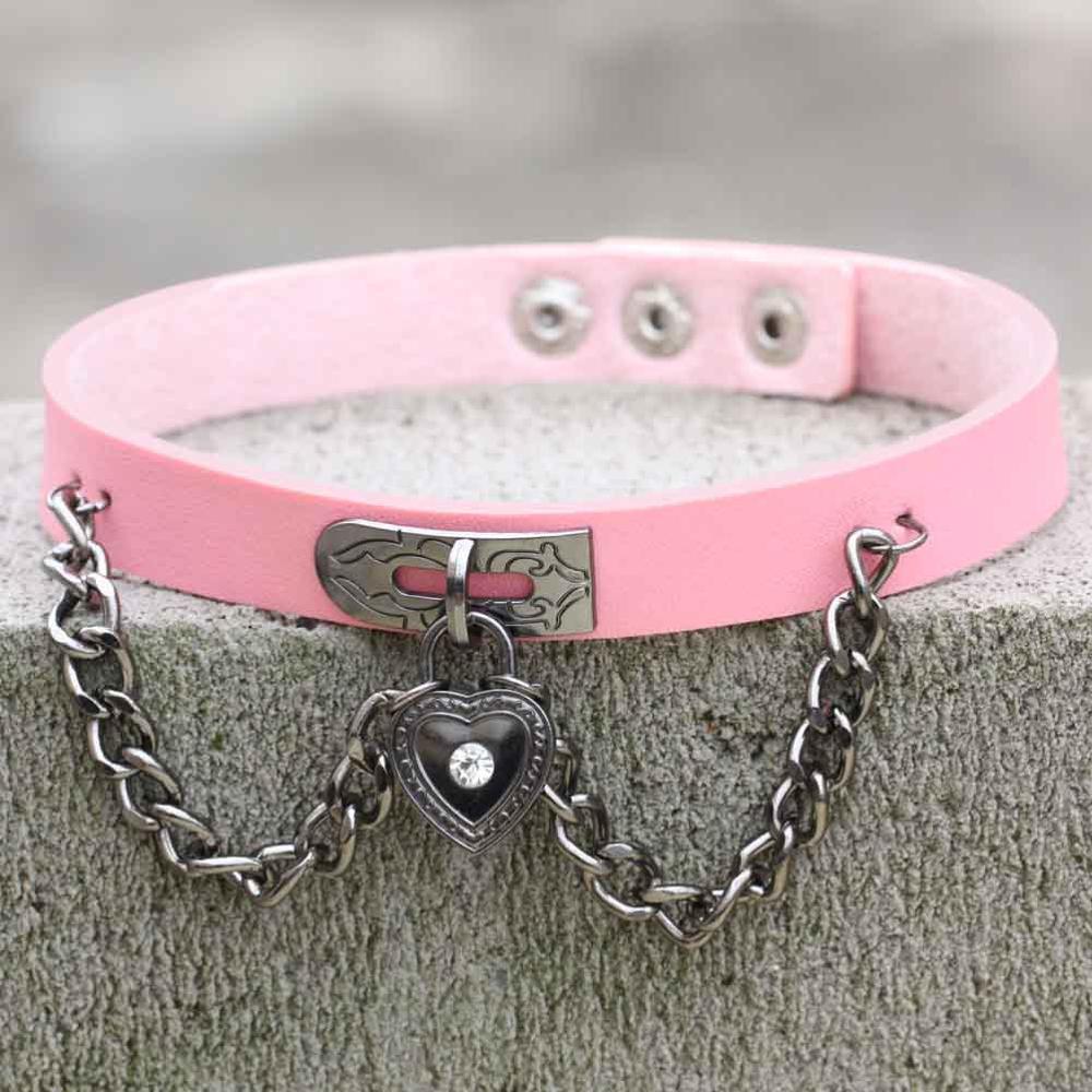 PU leather choker heart accessories Cool vintage necklace women Handmade Choker Necklace Goth Jewelry: pink