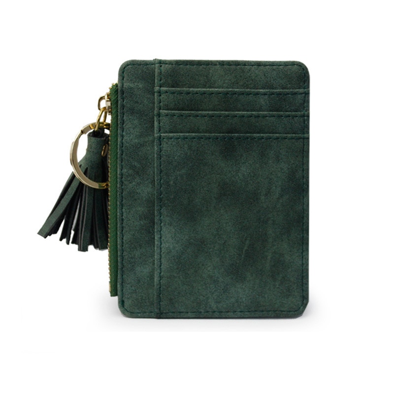 Matt Leather Mini Tassel Women Card Holder Cute Credit ID Card Holders Zipper Wallet Case Change Coin Purse Keychain Nubuck: Green