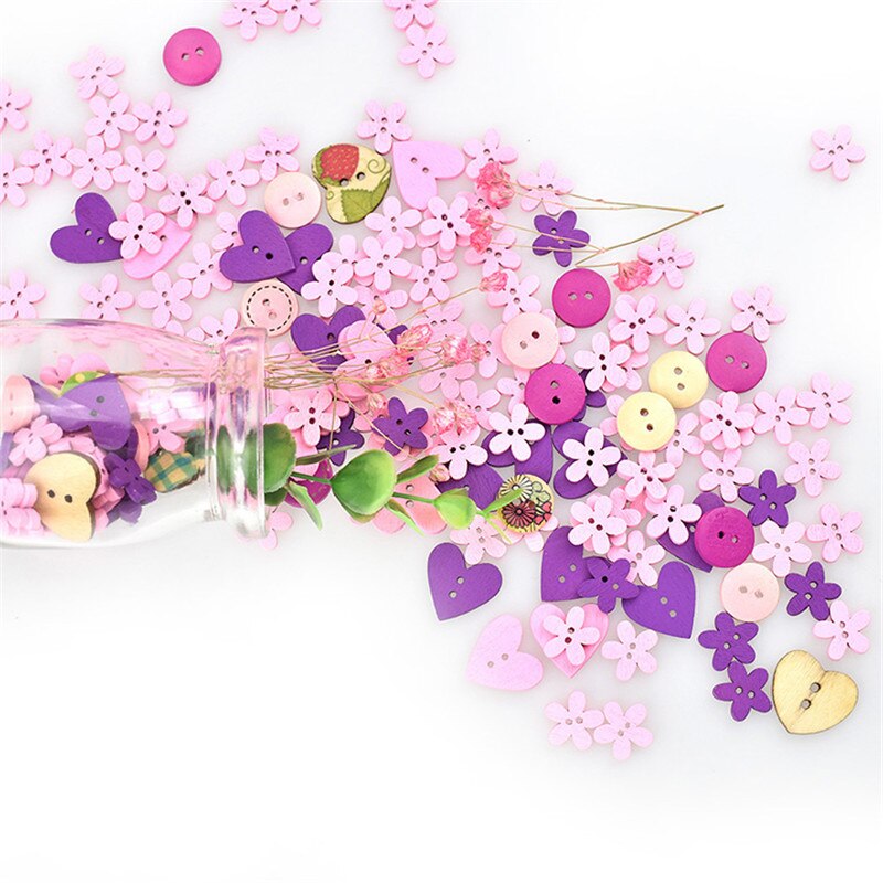 100 Pcs/Meerdere Gemengde 2 Gat Hout Knop Rode Ronde Hartvormige Patroon Decoratie Knop Voor Moeder Naaien diy Cut-Out Craft