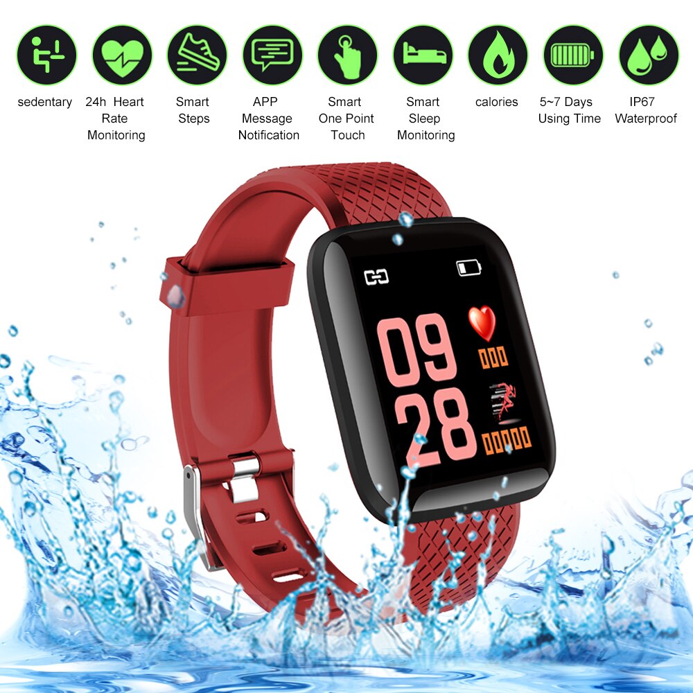 116Plus Intelligente Bt Horloge Fitness Tracker Universele Stappenteller Hartslagmeter Sport Polsband Horloge Fitness Apparatuur: Rood