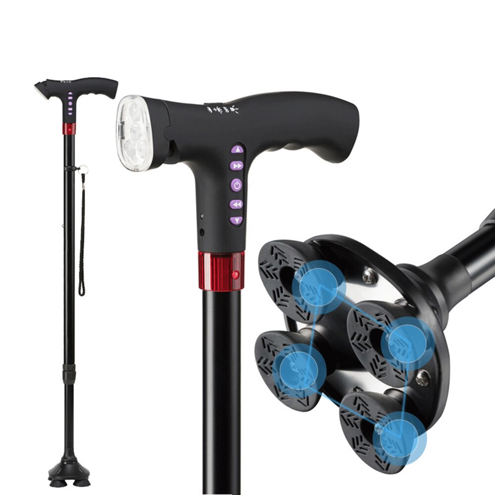 Lightweight Adjustable L-ED Walking Cane FM Radio MP3 Smart Safety Fall Alarm Walking Stick for Elderly