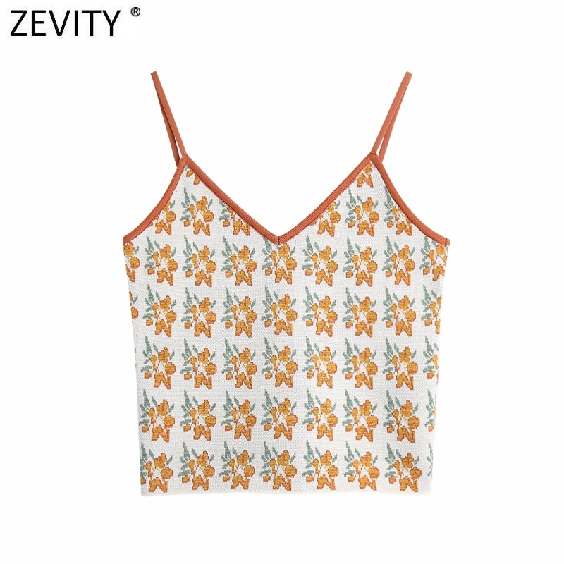 Zevity Vrouwen V-hals Flower Print Afslanken Gebreide Sling Trui Femme Spaghetti Bandje Korte Vest Chic Crop Tops s515