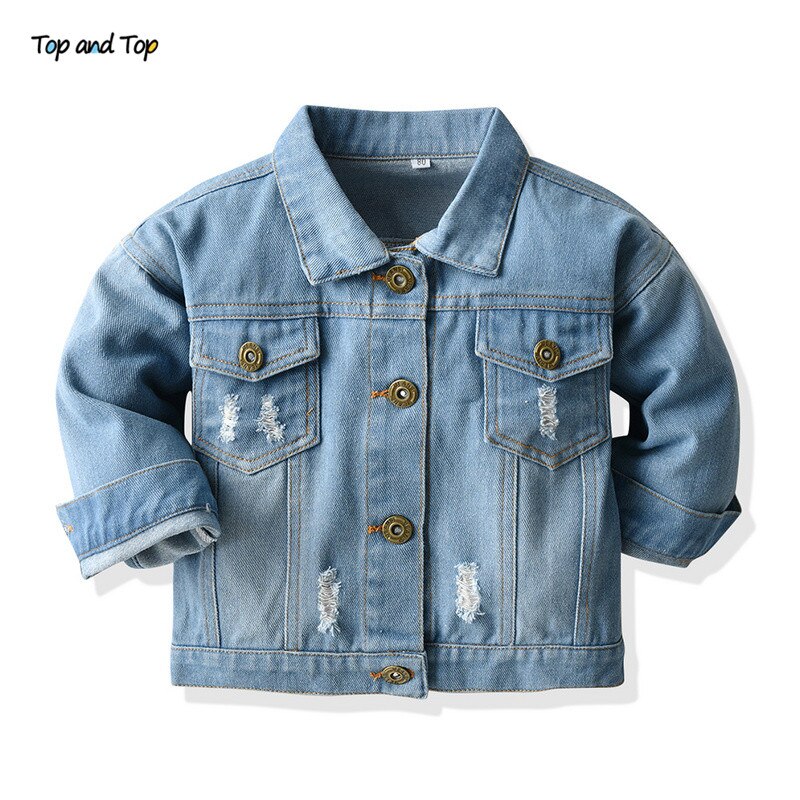 Top En Top Lente Herfst Kids Casual Jacket Meisjes Ripped Gaten Jeans Jassen Kleine Jongens Meisjes Denim Bovenkleding Kostuum 12M-6Y: 2T