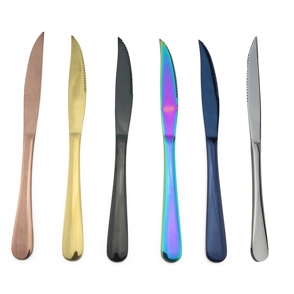 Moderne königlich 6 stücke glänzend Steak Messer Schwarz Regenbogen Blau Platten Edelstahl Besteck Geschirr einstellen Gezackten Abendessen Messer einstellen