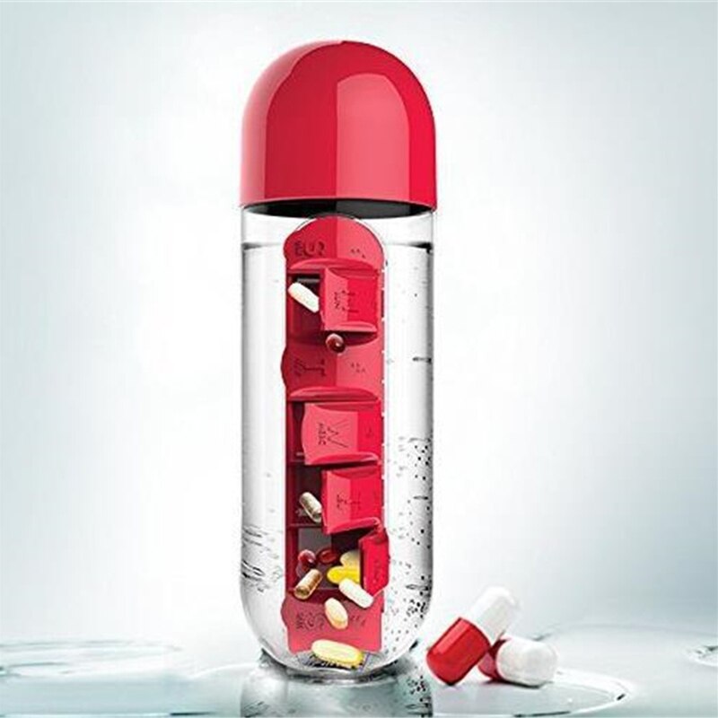600Ml Plastic Pillendoosje Water Fles 2 In 1 Geneeskunde Organizer Drink Fles Lekvrije Shaker Outdoor Draagbare reizen Cup Mok