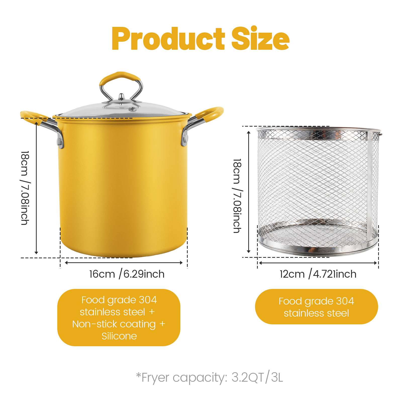 Olla para freidora con cesta coladora, olla para freidora de patatas fritas de pescado de acero inoxidable, olla para freír resistente al calor, Mini olla freidora de aceite de 3L: Blanco