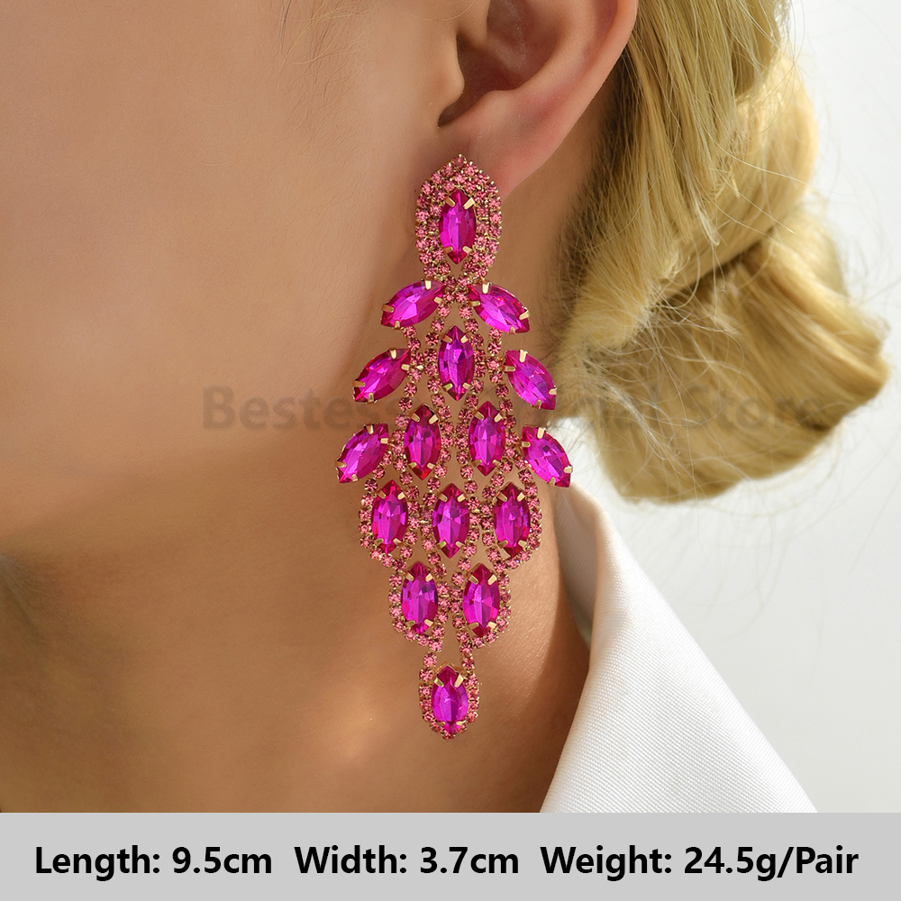 Pendientes colgantes de gota llamativos de diamantes de imitación de color rosa intenso para mujer, colgantes grandes geométricos de de lujo, de joyería para y boda