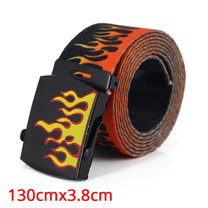 Ceinture longue imprimée flamme pour hommes et femmes, unisexe, en toile unie, , Jeans, sangle à boucle métallique, 130cm, 379: Flame 379