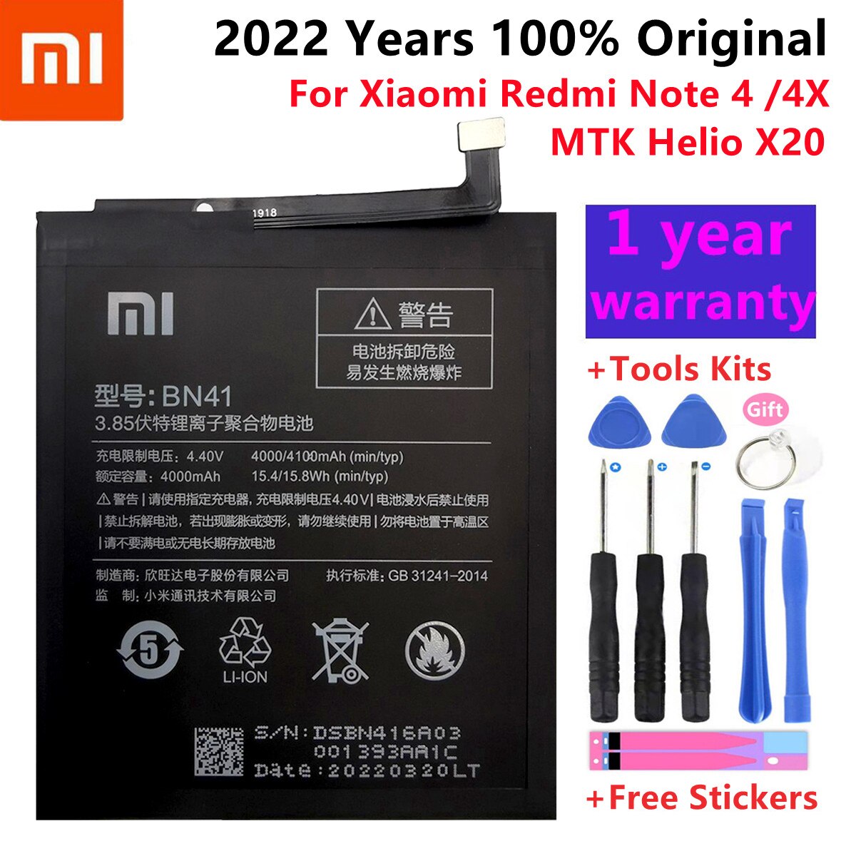 Xiao mi 100% Orginal BN41 4100mAh Battery For Xiaomi Redmi Hongmi Note 4 / Redmi Note 4X MTK Helio X20 Batteries