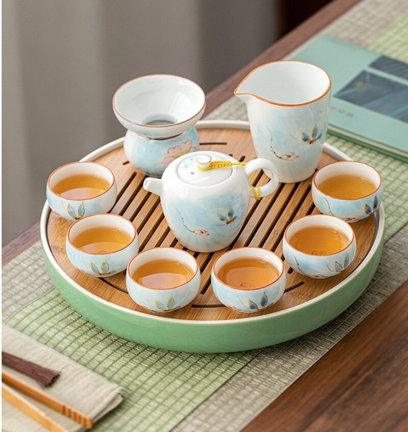 500-1800ml Tea Tray Ceramic+Bamboo Plate Water Storage Tea Table Longquan Celadon Tea Set Round Tea Saucer Tea Plate