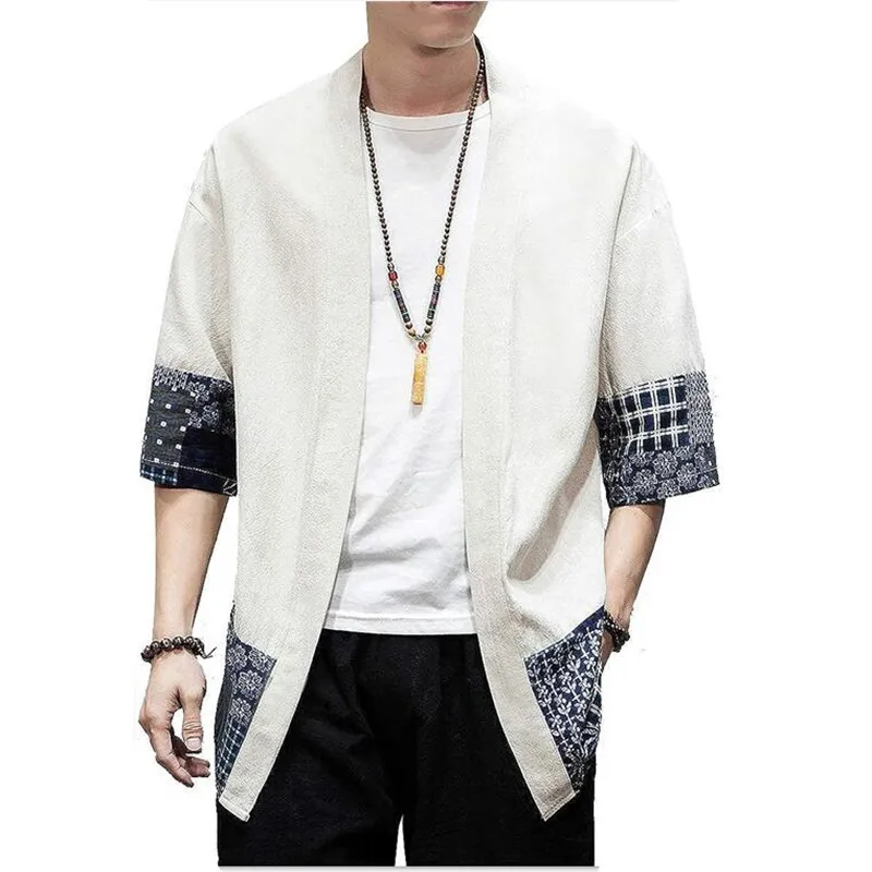 Cárdigan tipo kimono japonés de para hombre, cárdigan holgado de lino y algodón con manga 3/4, chaqueta informal de verano: XXL / Beige