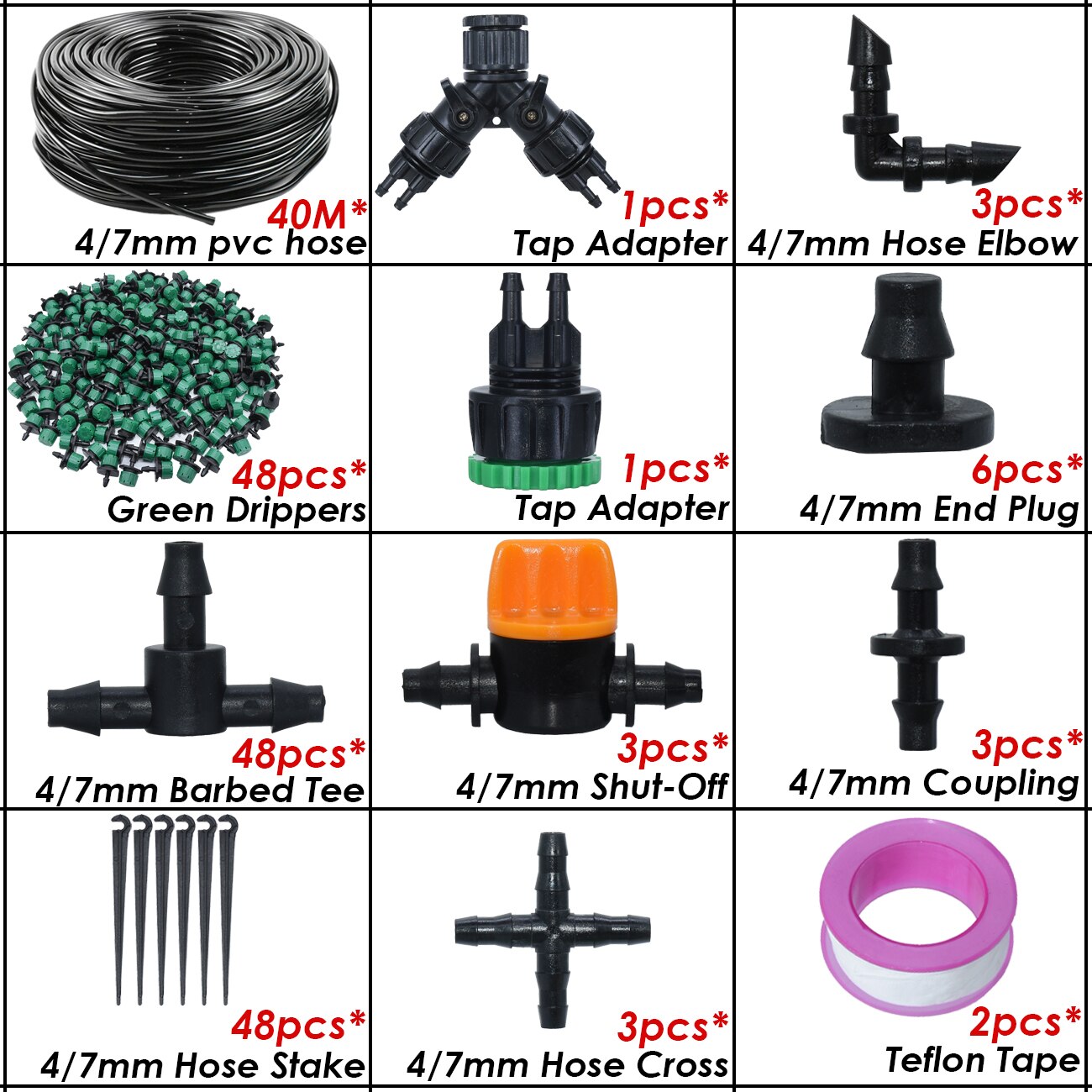 Kit d&#39;arrosage automatique goutte-à-goutte pour serre, 10-50M, 1/4 &#39;&#39;, système d&#39;irrigation, tuyau 4/7mm, buses de brouillard en laiton pour jardin, maison, plante en pot: KSL01-KIT351C-40M