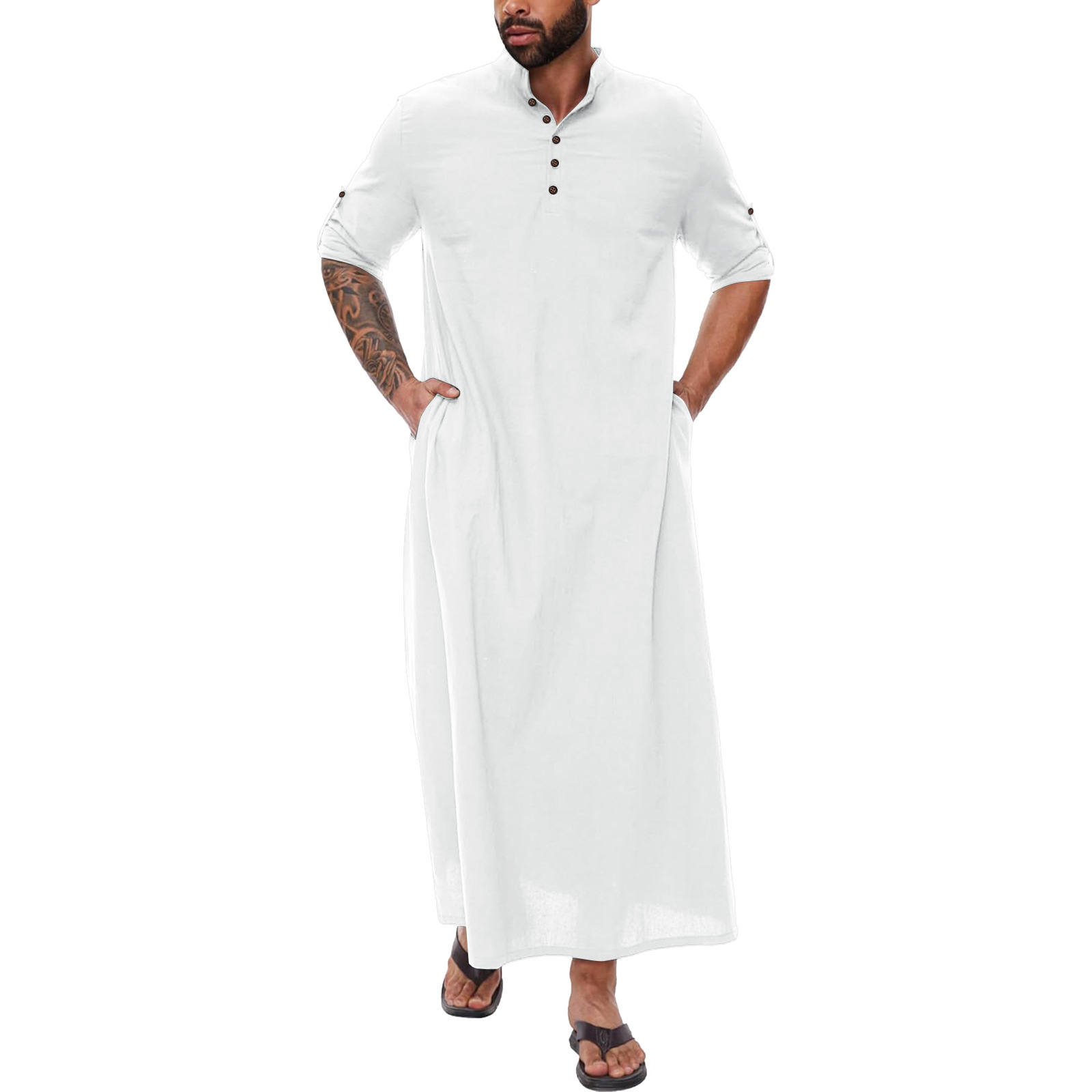 Arabisch Katoen Linnen Lange heren Abaya Moslim Zakken Jubba Thobe Islamitische Donderdag Effen Kleur Volwassen Gewaad Musulmans Homme S-XXXL
