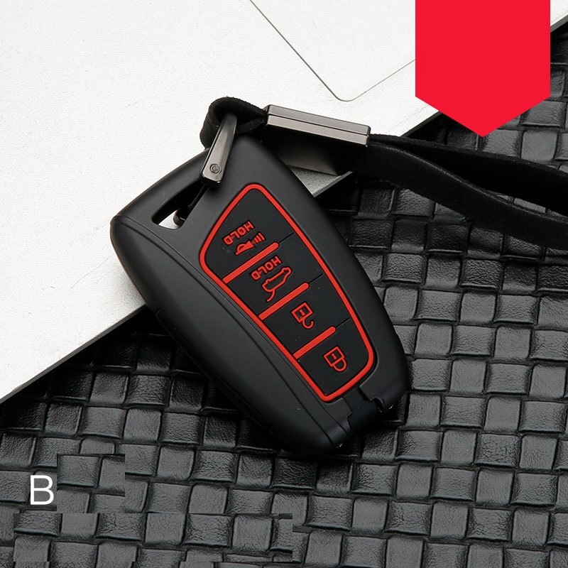 Kulstoflegering + silikone bilnøglertaske til hyundai santa fe grand ix45 centennial genesis fjernbetjening shellcover nøgleringstaske: B sort rød