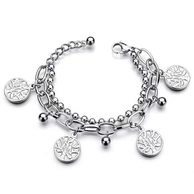 Zilver Kleur Gelaagde Ketting Armband Voor Vrouwen Leven Boom Charme Armband Mode Vrouwelijke Vierkante Link Chain Armband Sieraden