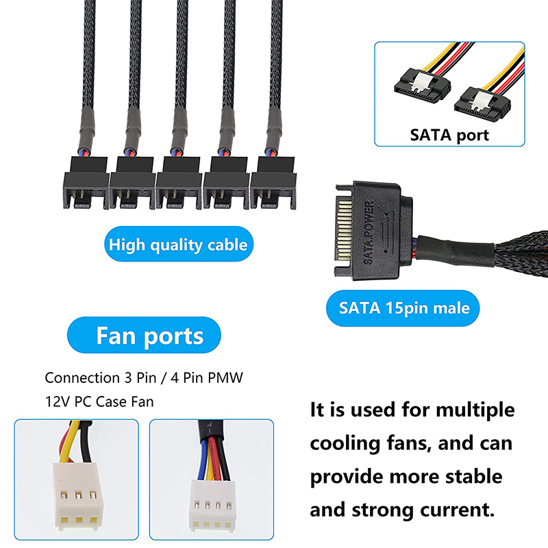 Sata Naar 3 Pin 4 Pin Fan Mouwen Power Splitter Kabel Adapter,15Pin Sata Naar 1/2/3/4/5 TX3 / TX4 (Pwm) 12V Pc Case Cooler Y Cord