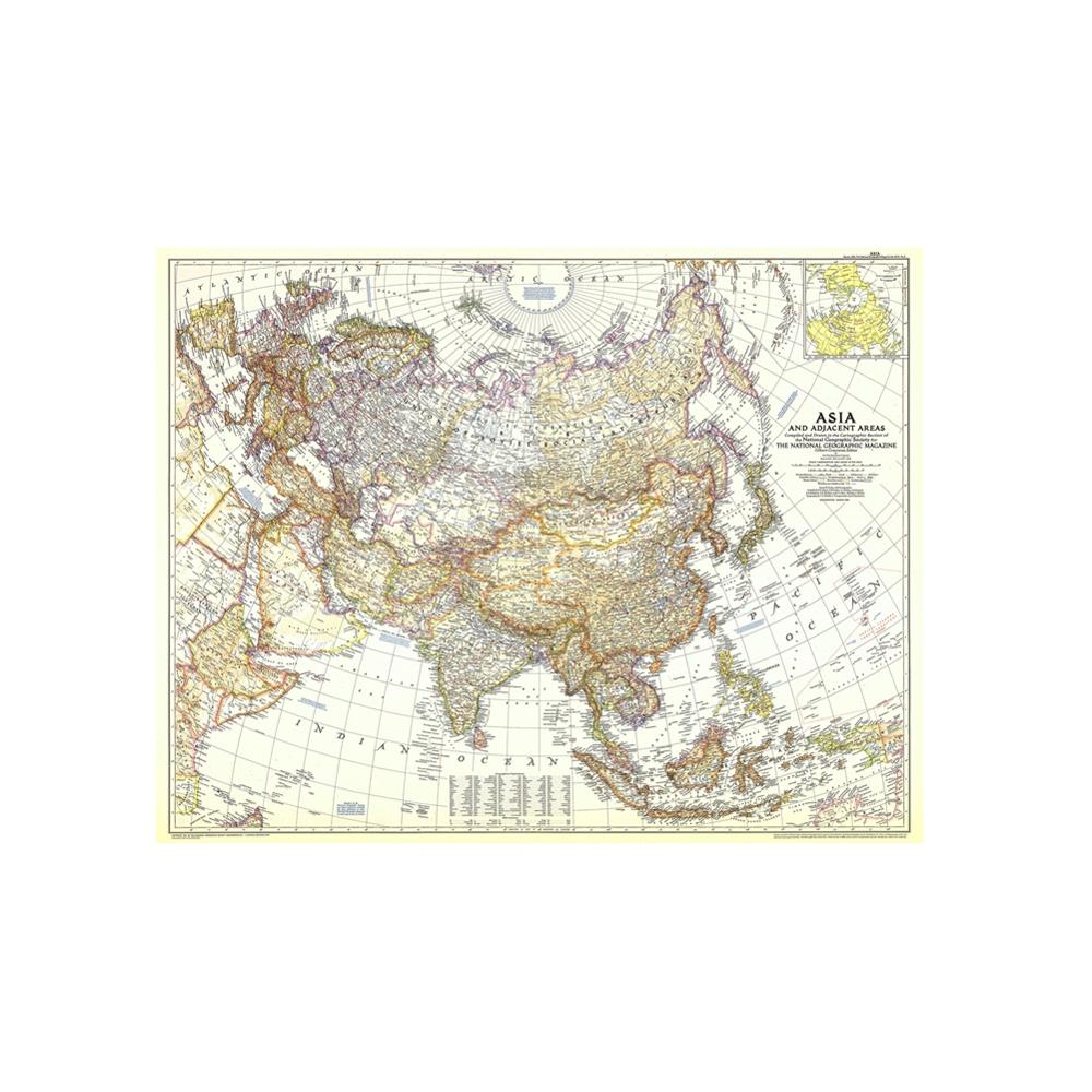 1951 Edition Vinyl Spray Painting HD Map of Asia And Adjacent Areas Living Room Wall Decor Map For Home/Office Art Crafts