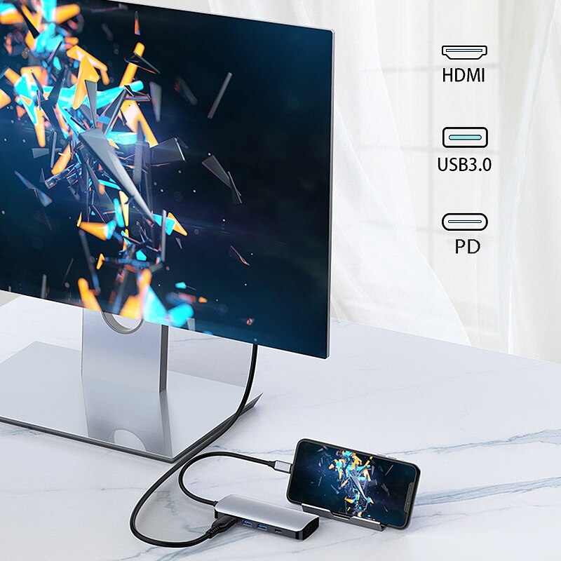 7 In 1 Type-C Docking Station USB-C Splitter Connected to Notebook Multifunctional Expansion Dock PD / Gigabit Network Port / TY