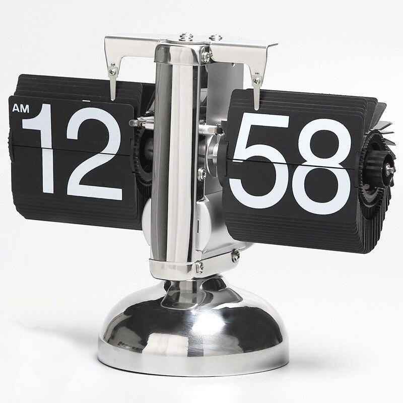 Table Clock Small Scale Retro Flip Over Desk Clocks Stainless Steel Flip Internal Gear Operated Quartz Clock