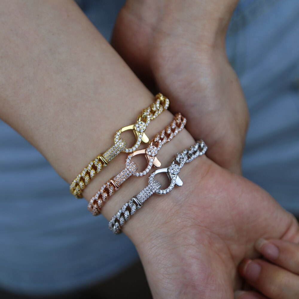 Novo design fino cz cubana link chain pavimentado zircônia cúbica lagosta fecho iced para fora bling pulseira cubana para mulher